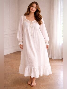 Vintage Doen Style Nap Dress Nightgown Long Sleeve Lace Tie Front Ivory Sz XXL